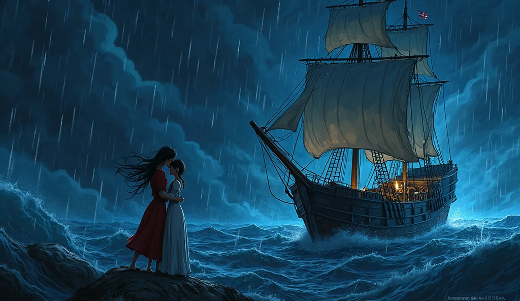 The boy and girl in white dress are sitting on the banks of the sea and wind is moving fast and the girl's head is resting on the boy's shoulder and written girl name TALHA AQSA in sand and  it is midnight and it is raining heavily and the moon and stars are there and there is a big boat in the middle of the sea 