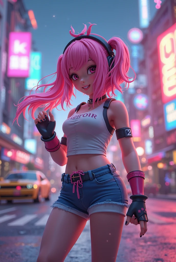 a woman with pink hair, fair skin, blue eyes, wearing a pink shirt, blue headphones, ankle socks, strong arms. expression of joy, happiness, sensual pose.