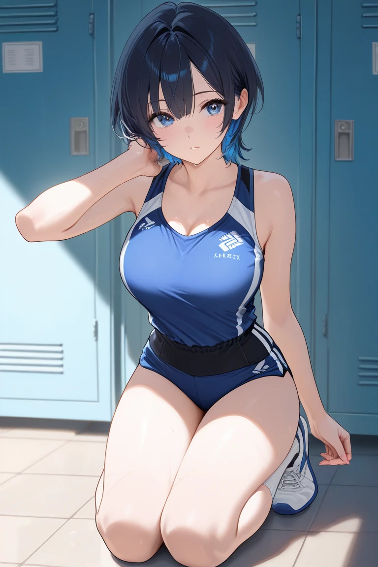 Masterpiece, top quality, best quality, official art, beautiful and aesthetic, anime, 1girl,extremely detailed, colorful, more detailed ((ultra-detailed)), (highly detailed CG illustration),Best Quality, High resolution, Unity 8k Wallpaper, (Illustration:0.8), (Beautiful detailed eyes:1.6), extra detailed face, Perfect Lighting, extremely details CG, (Perfect hands, Perfect Anatomy), swimming pool, black short hair, blue eyes,earrings,skinny fit,small breasts,wet, tight blue swimsuit, back view, bend over,in middle, soft light.