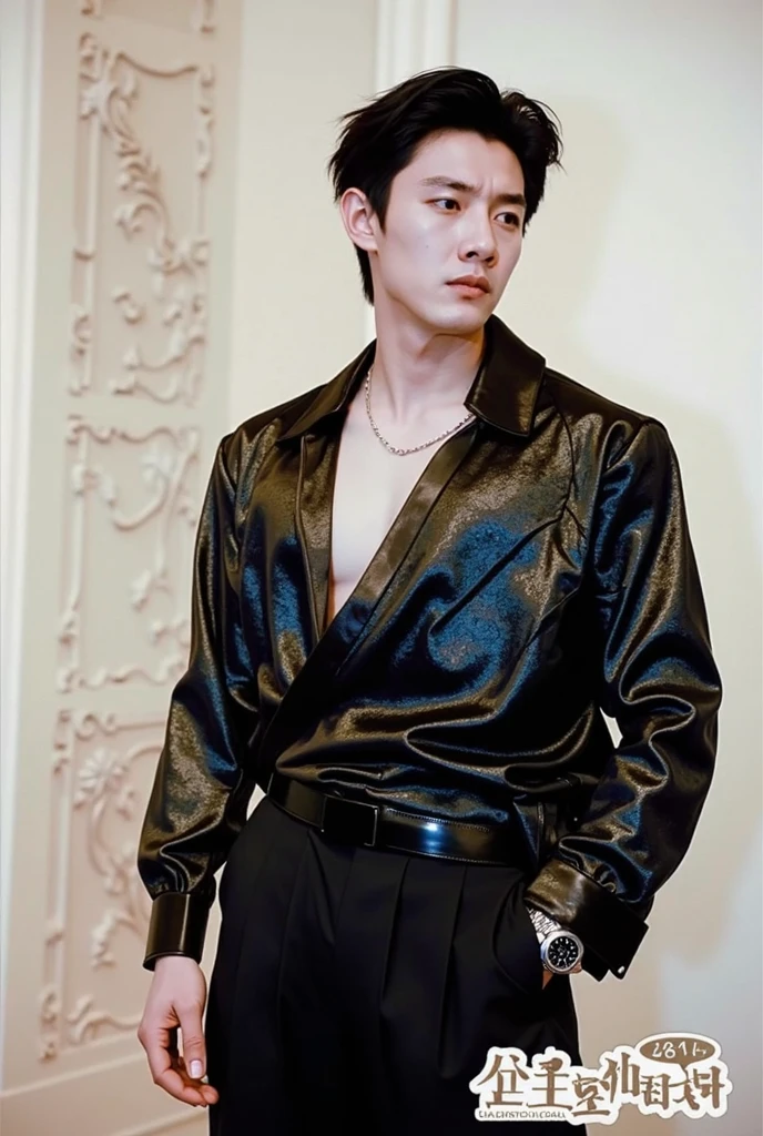 photo of a handsome (korean man), ((futuristic fashion show)), (Supermodel), runway, (smirk:0.7), coiffed hairstyle, (oily skin), (looking at viewer), fashion model posing, bondage, ((bondage strap outfit)), male focus, dynamic movement, (ultra realistic, masterpiece, hdr, intricate details, detailed background, depth of field), dynamic pose, dynamic angle , micro string thongs , bare pectoral , bare hips , bare thighs