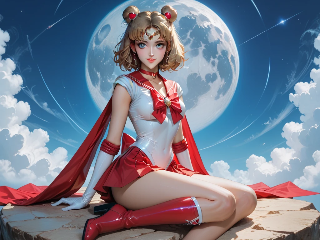 sailor moon, (Masterpiece), by rubio, brown eyes, expressive eyes, beautiful 10 year old girl, wide, good pink, neckline, round breasts, moon tiara, white panties, round buttocks, blue boots