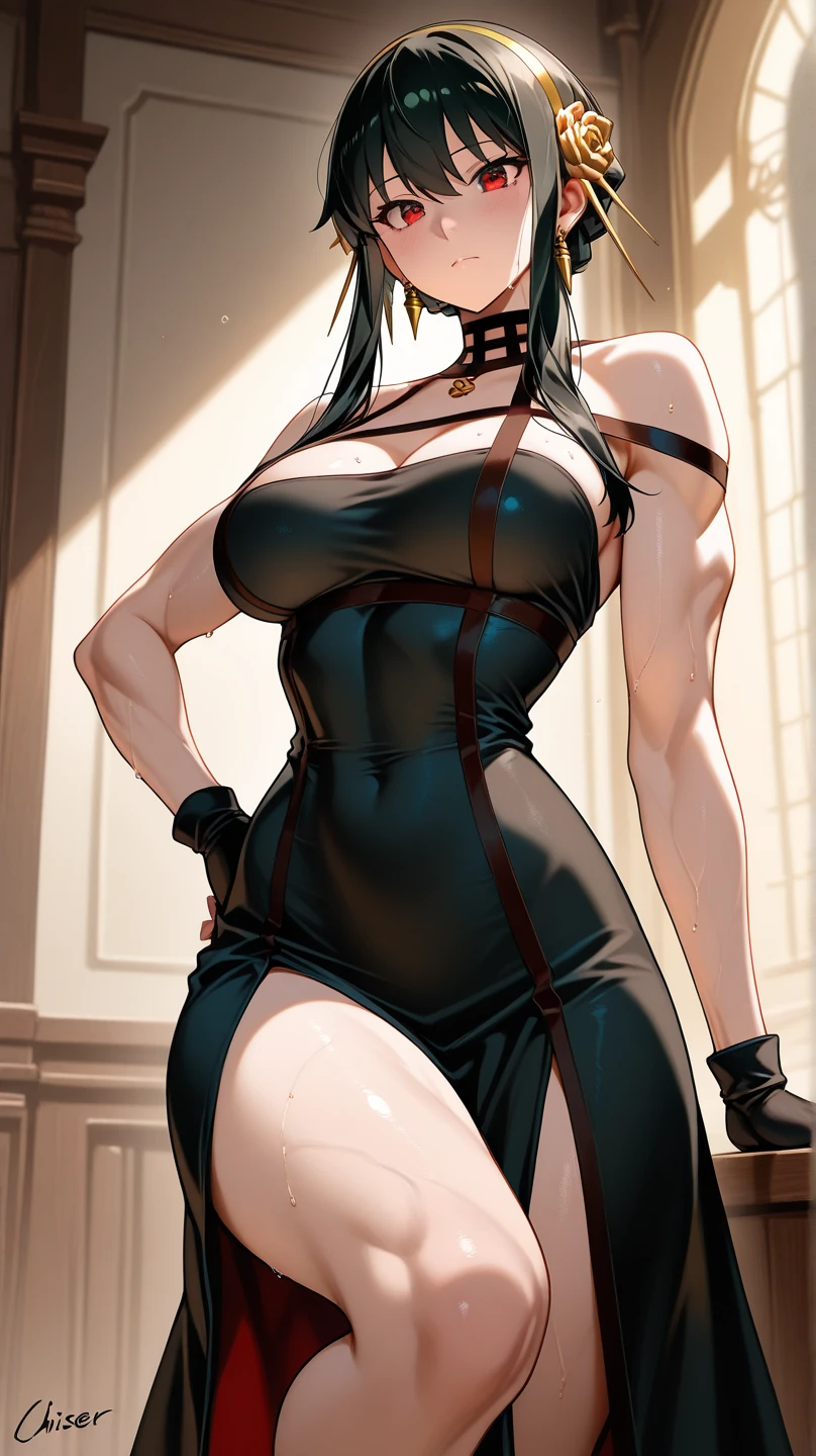 pale skin muscular toned body bodybuilder huge breasts black hair yellow eyes angry 1girl long black dress cowboy shot very long hair kingdom hall background dark atmosphere deep cut cleavage