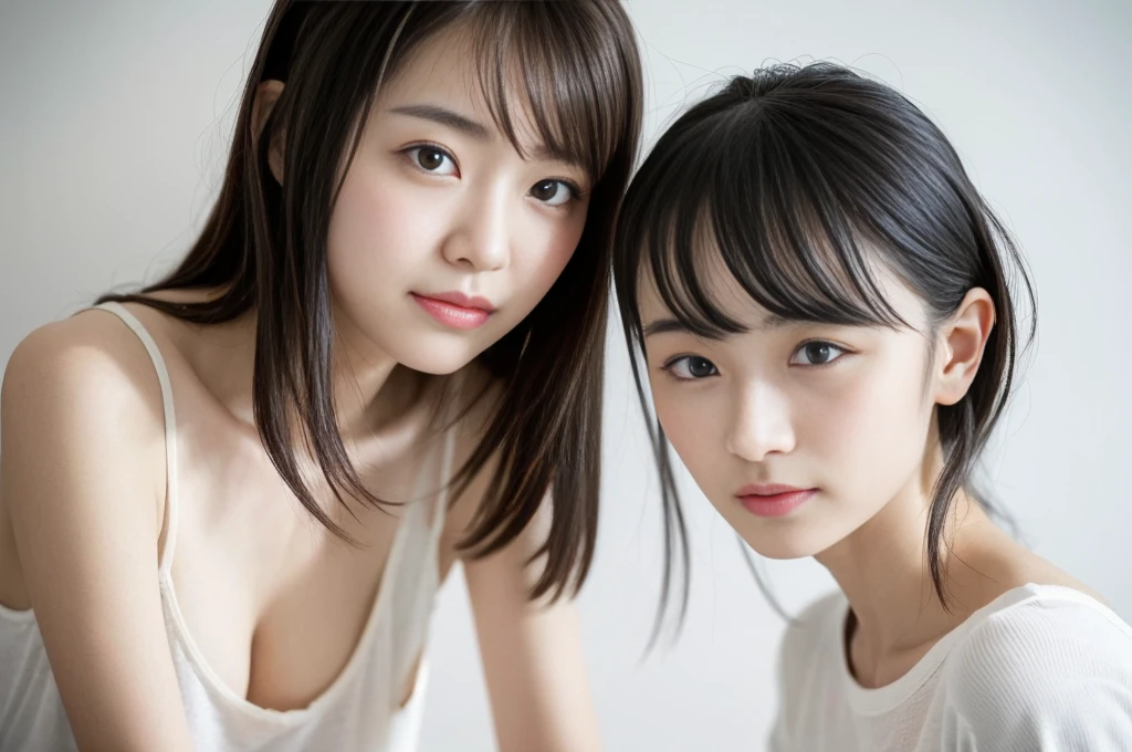 lens: 135mm f1.8,(Highest quality),(Tabletop:1.1), (Beautiful 14-year-old Japanese identical twin sisters),  (They have moist lips), (They have narrow eyes, double eyelid,Delicate clavicle,Flat Chest,Very short hair)