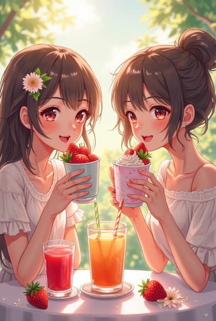 Girls eating strawberry cups with cream and drinking juices