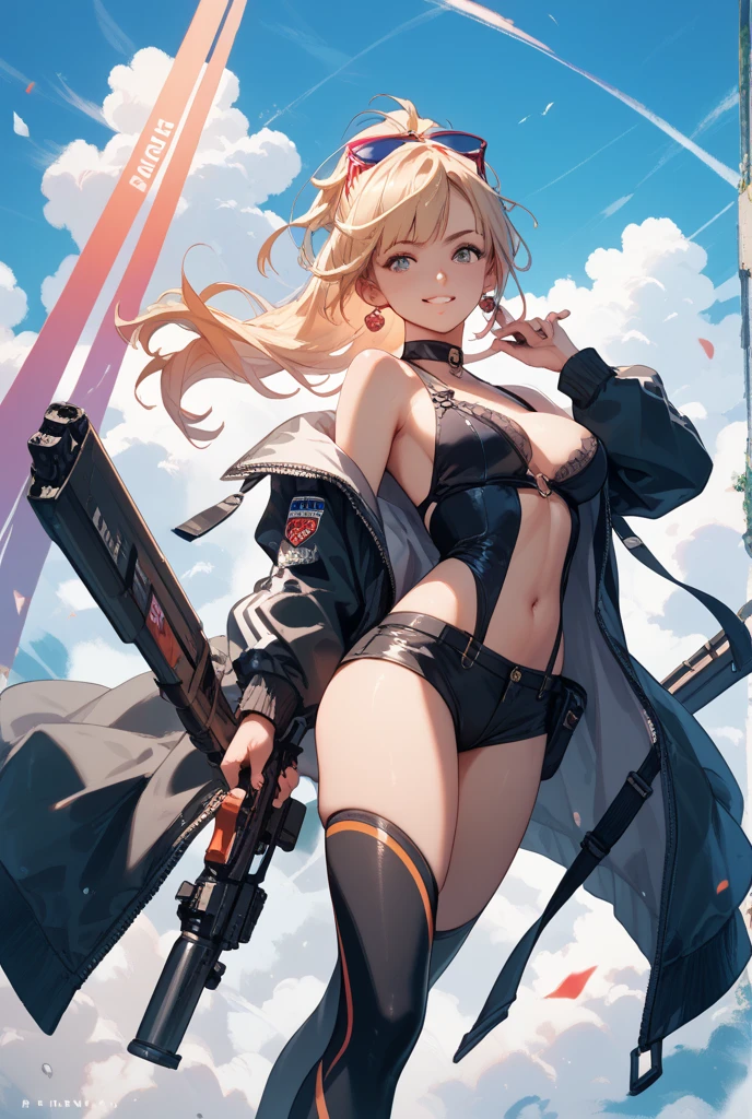 ((1 lady))、masterpiece, ultra-detailliert, 8k, hiquality, Top image quality, digitial illustration, Seductive Anime Girl, ((Combative posing:1.5))、((dynamism:1.2))、 ((Machinery weapons:1.4, armament:1.3)), ((Hover effect:1.2)), ((from below:1.2))、Glossy realistic skin texture, shiny skin、Meticulously drawn hair, Detailed eye depiction, appearance Splash paint background in colors, Center, ((latex micro bikini:1.3 crop top:1.3))、((cleavage:1.3))、((crop top navel))、((highleg:1.3))、((huge breasts:1.3))、((huge hip:1.3))、((thick thighs))、curvy、((collarbone))、((cameltoe))、seductive smile、Sharp Focus, draw the full body, Precise human body structure、Smooth texture