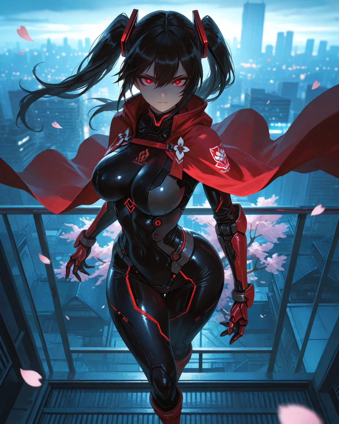 woman,,,city,night,(((Red and black tight high leg bodysuit))),,Laughing with your mouth open((See through))Glasses,((Beautiful long ponytail)),((Girl's body type))