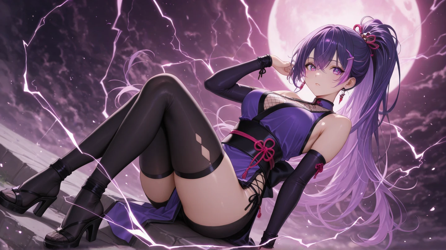A beauty in stockings,a matural female,Purple translucent miniskirt,cabelos preto e longos,fearful expression,Eyes with tears