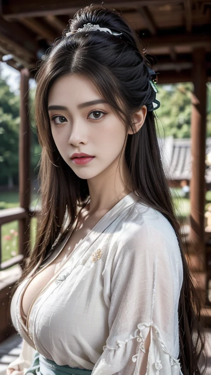 High quality, Masterpiece, Masterpiece, Exquisite facial features, Exquisite Hair, Elaborate Eyes, Off-bshoulders，Delicate colored hair, 4K quality, Gorgeous light and shadow, Tyndall effect, Halo, Messy hair, Young state, Gorgeous scenes, Beautifully dressed, feater,Ancient Chinese beauty with big eyes，detail-rich, Digital painting, art  stations, concept-art, Sharp focus, illustration, Small breasts