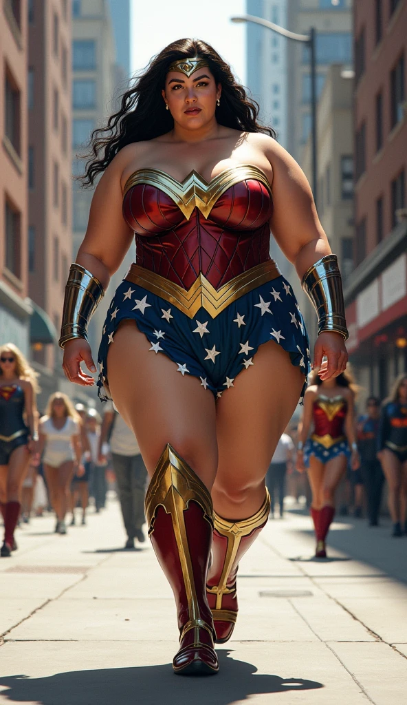 Wonder Woman, wide hips, curvy, long legs, big ass, beautiful eyes, beautiful, full body, thick high, sexy swimsuit outfit, background city, fighting