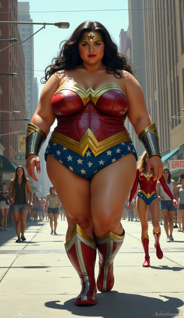 The most beautiful picture in the world. A team of fat black giant bbw polynesian female sumo evil superheroes from outer space destroying a tiny city. Art by Stanley Artgerm Lau, Charlie Bowater, Julie Dillon. absurdrez, midjourney, trending on deviantart, masterpiece, directed by steven Spielberg, Guillermo Del Toro and peter jackson. intricate details, 4k, 8k, highres, absurdres, best quality, high quality. (dark skin) ebony, chubby, wide shoulders, stocky, chonk, thicc, chonky, black and gold, powerful, intimidating, bully, thick thighs, fat thighs, leotard, dominant, domineering, dom,
