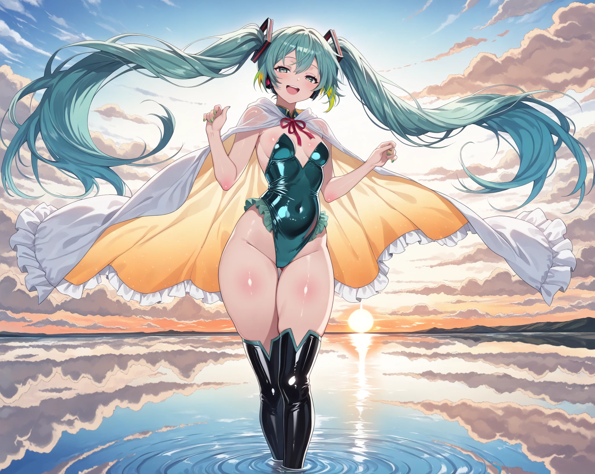 (La mejor calidad, 8k, 12), 1 girl, Fubuki, Pelo corto, cabello verde, bunnysuit, escote, small breast, El cuerpo perfecto, skinny body, Cara ultra detallada, Labios detallados, ojos delgados, squat, tentador, excitado, pezones marcados en la ropa,en celo, vapor, tembloroso, Wet