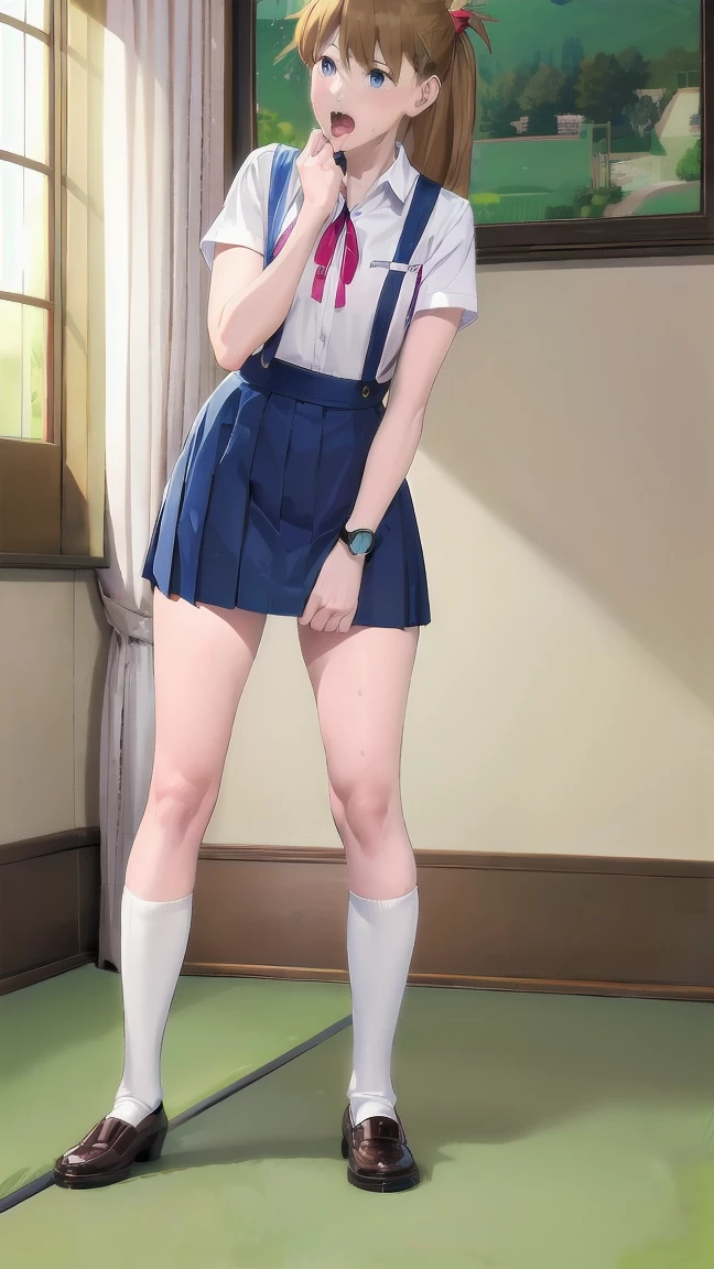 ((best quality)), ((masterpiece)), ((detailed)), (((perfect face))), (((slender 18yo teenage girl looking down))), (((topless))), (((medium breasts))), ((dark blue pleated skirt from waist to thighs))), ((dark brown hair)), ((short ponytail)), (((blue eyes))), ((shy:1.3)), ((blushing:1.5)), ((skinny thighs)), ((skinny hips)), (((bare arms))), (((bare shoulders))), (((bare stomach))), (((open mouth))), (((surprised:1.3))), (((interior school corridor))), (((wearing blue sneakers))), (((standing)))