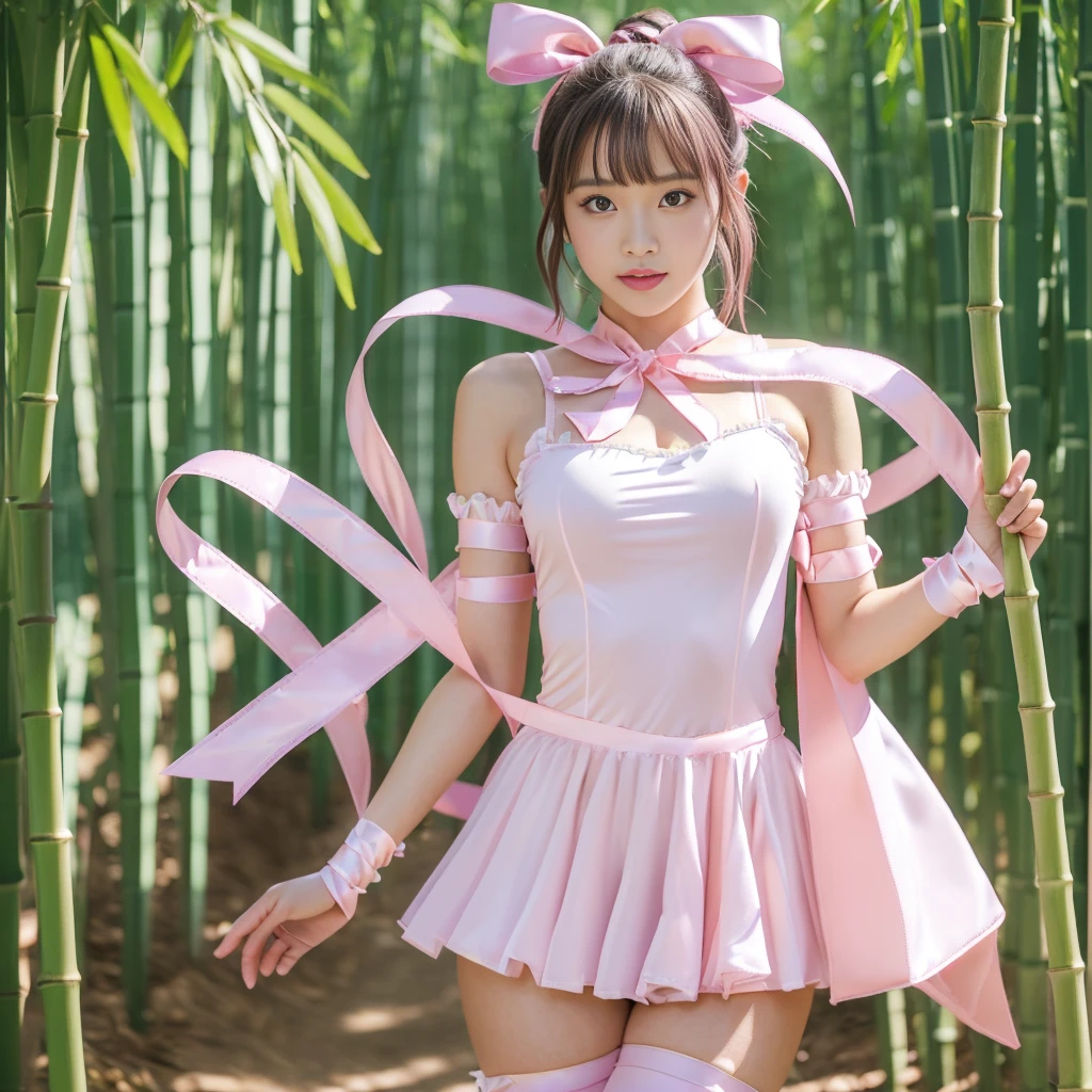 (8k, RAW photo, best quality, masterpiece, realistic, detailed face, detailed skin, warm color temperature, 1girl, solo:1.2), beautiful Japanese girl, hrkzdrm_mgc, (pink dress, skirt, puffy sleeves, pink gloves:1.4), (opll, skinny:1.3), (short stature, height 148cm, petite:1.2), (short hair:1.3), forehead, brown hair, full body shot, (front view:1.3), (huge breasts:1.2), smile, shy, dulled colors, opll, (tighttops:1.2), standing, hands on hip