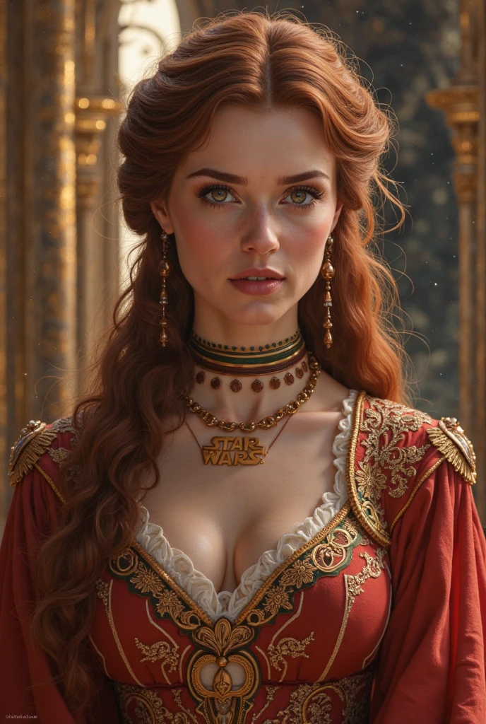 Sophie Turner&#39;s Face, Sansa Stark played by Sophie Turner, de facto lady of the Eagle&#39;s Nest, - 40 year old mature queen with stunning appearance., Attractive appearance. full face, pierced eyes, reddish lips, upper body shot, erotic medieval costumes, Costumes from Game of Thrones, She wears a Game of Thrones-style costume and has a plunging neckline.., Perfect fat body, and the perfect fat figure. The photo shows her in close-up.., her skin texture and facial features are ultra-realistic and realistic..