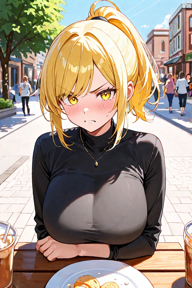 Yellow hair color,short hair,yellow shirt,pants,light brown eyes,chubbily ,huge breasts,whipped thighs,cat mouth,smile,Open mouth,open eye,double tooth,saucy,Taken from the viewpoint above, looking at viewer,upturned eyes,street Background,SFW,perfect,high quality,faultless,