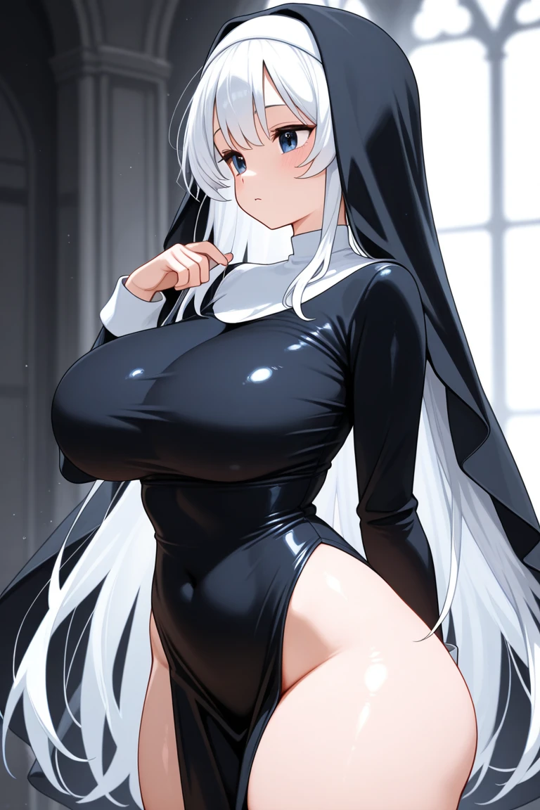 masterpiece, best quality, 1girl,full body,sexy,blonde,huge ttits,Black headwear, Black Dress, turtleneck, long sleeves,
nun,
purple eyes, blonde hair,bangs,Long_hair,