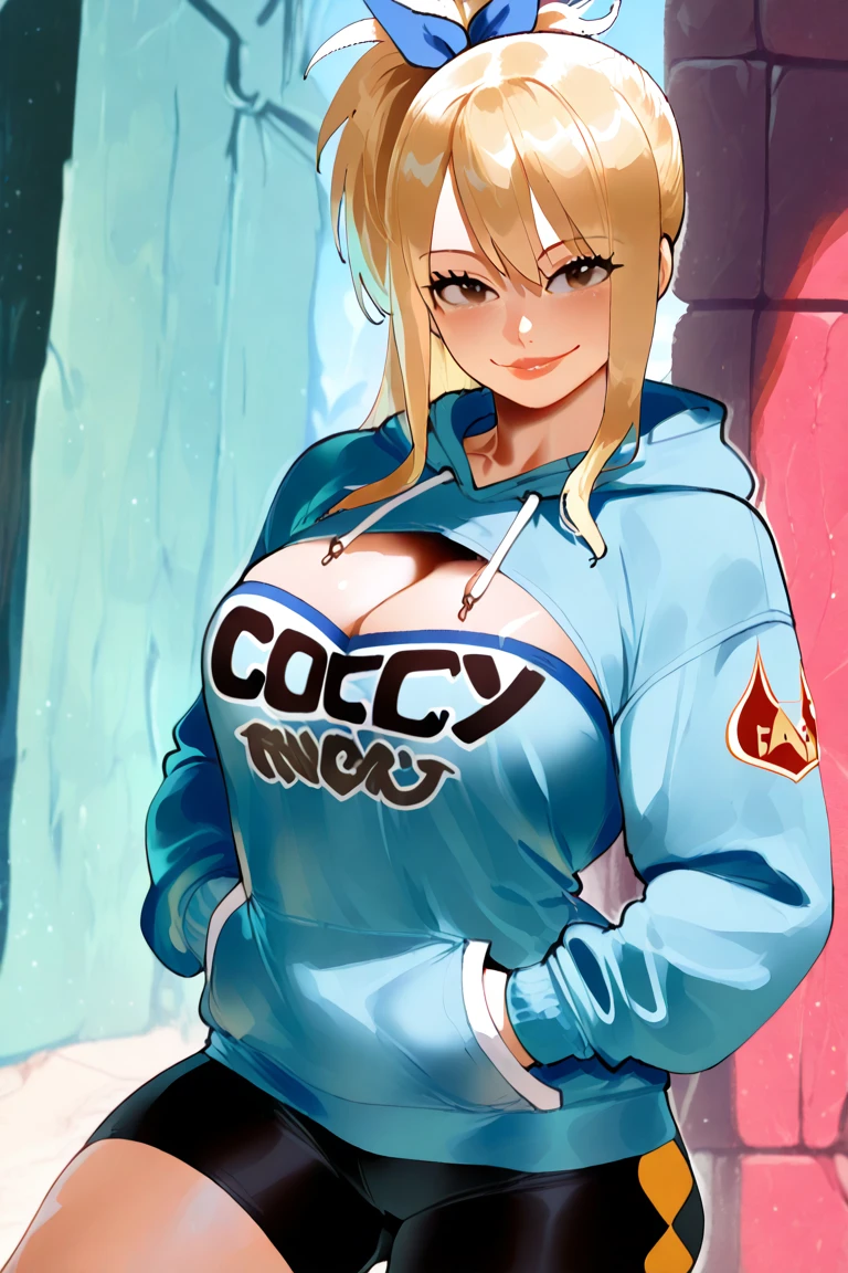 score_9, score_8_up, score_7_up, source_anime, 1girl, solo, tied crop top, boob window, cow pattern crop top, no bra, big , denim shorts, sitting, glazing lollipop, licking lollipop, apex legends, wattson, front view, looking at viewer, ikuchan