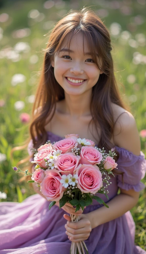 2 hands in the frame , holding flowers , in a flower garden, designed beautifully , umberalles hung uppside down , blur background