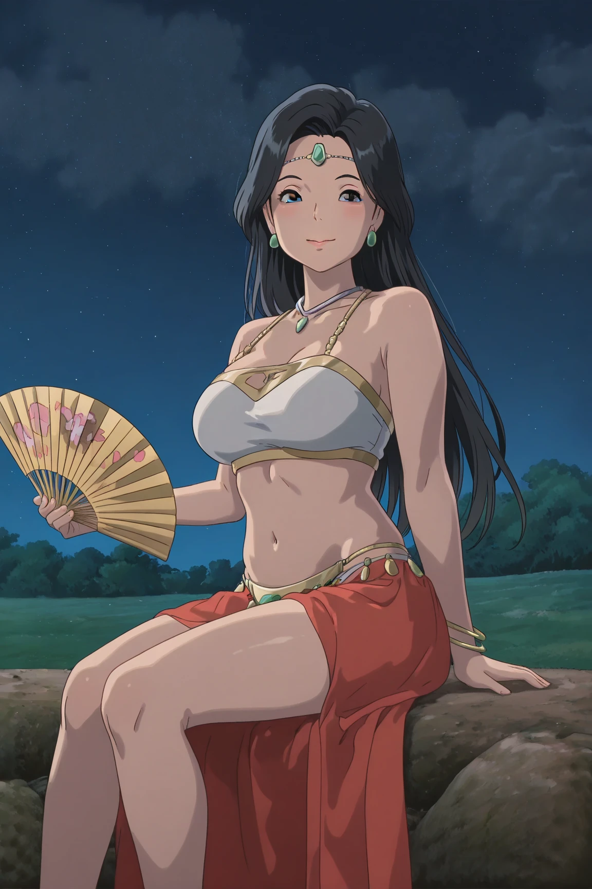 Anime girl, 21 years old, thick thighs, an amazon, Sub, loincloth, sexy clothes, smile, she is sitting in a tent, night, ascetic interior, sexy pose