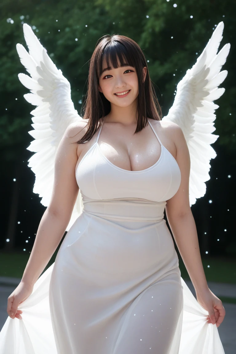 (1 seraphim girl standing on peak of frozen snowy mountain) Higher than the cloudy sky, cold fan, (alone), swing back, many wings, (She has 12 wings on her back.), (6 white wings:1.5) and (6 black wings:1.5), Take a break, (Wear nothing without a short black dress with lace trim.:1.8), (black plunging neck:1.2), Shoulder strap, Stiletto heel shoes, Take a break, (black short hair:1.3), Side lock, black eyes, collarbone, (Energetic big breasts:1.5), (rift:1.2), Incredibly narrow waist, (bare skinny arms), (naked long legs), thigh gap, toe, Take a break, Young face, nose blush, smile at the audience, open mouth, orgasm, Take a break, full body, (Very detailed CG unity 8k wallpaper.), (Beautiful details), (Ultra high resolution), (Masterpiece:1.2), (best quality), (beautiful illustrations)