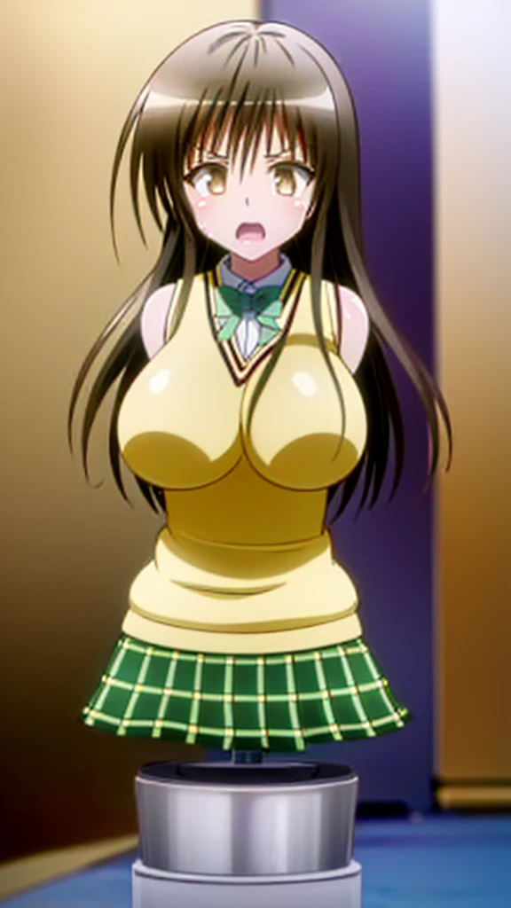 1girl,2girls,:o,blush,bow,bowtie,breast grab,breasts,brown eyes,brown hair,comic,grabbing,grabbing from behind,green bow,green bowtie,kotegawa yui,large breasts,long hair,multiple girls,navel,nipples,open mouth,plaid,plaid skirt,sainan high ,,self fondle,skirt,speech bubble,sweat,topless