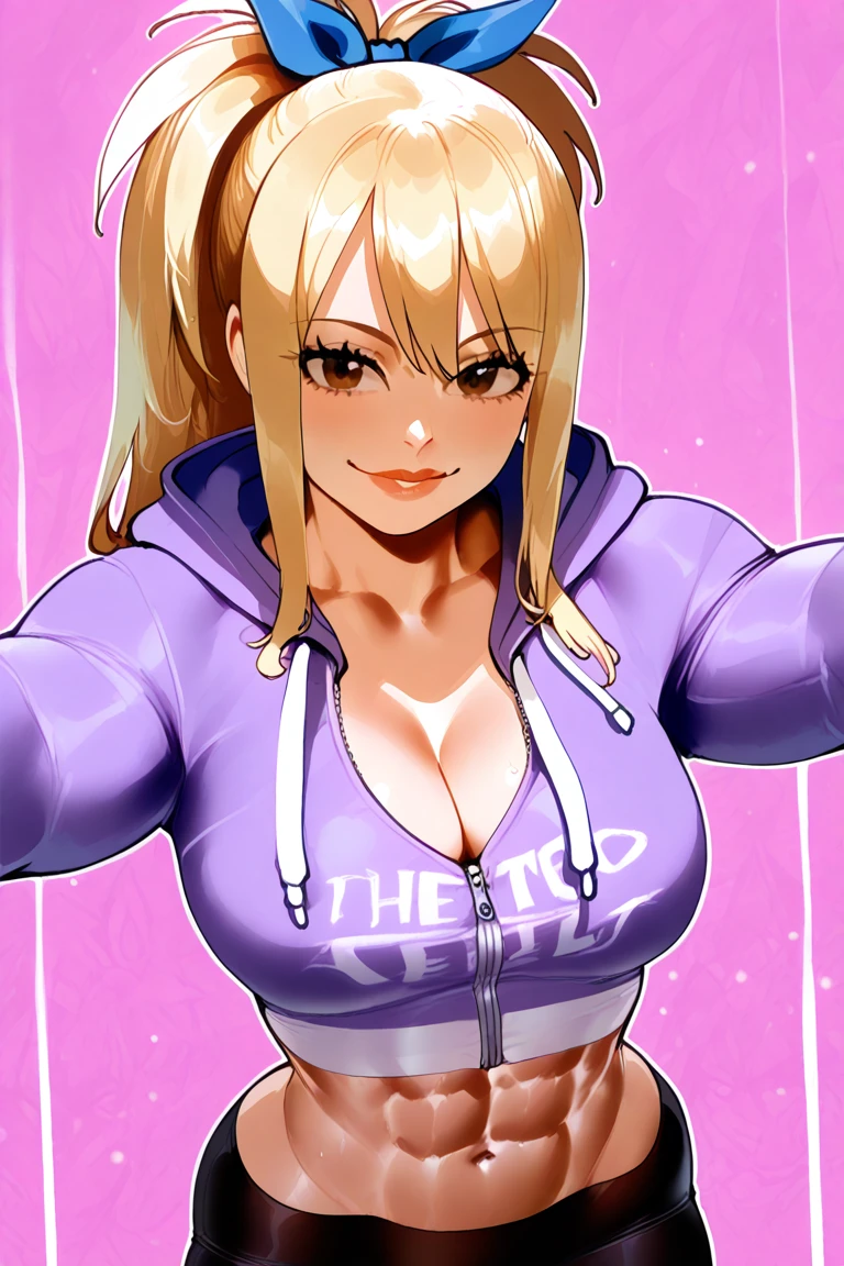 Cute anime girl in gym clothes, Blonde chignon hair, Purple eyes, Almond-shaped eyes, Big Red Lips, Light Particles, Glowing particles