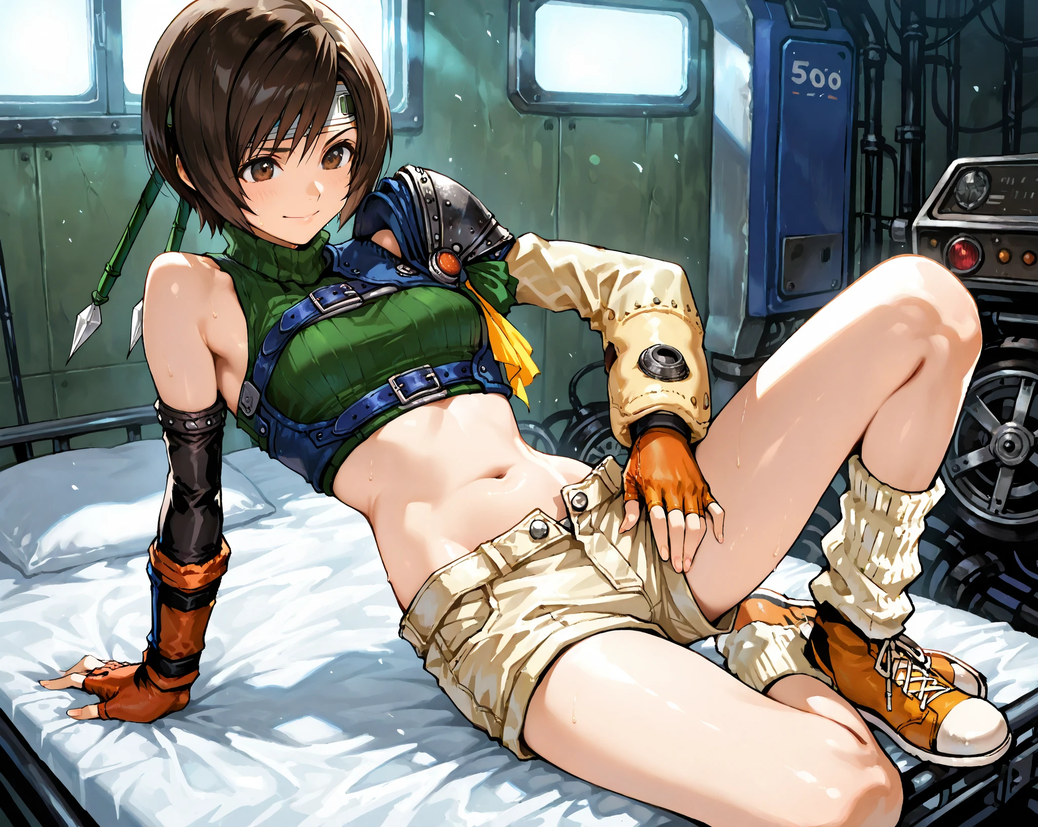 Top image quality,((NSFW)),((Bukkake)), ((facial cum shot)),((The bust and face are full )),, (Eye of the Heart, Ahegao, Torogao,Embarrassment), (masutepiece, 8K,Very detailed),1girl in, Short hair, head band, Sleeveless, turtle neck, Brown eyes, sleeveless turtleneck, breasts, gloves, ((underboob)),croptop, Brown hair ,Midriff, armor, Sweaters, open fly, Fingerless gloves, Ribbed sweater, medium breasts, Yuffie_Kisaragi_01, panties pulled aside fuck, ((Squatting,Knee up)),(show off nipple), (Crotch grabbing) , grabbing on breasts,(Hotel Bed),Textured skin