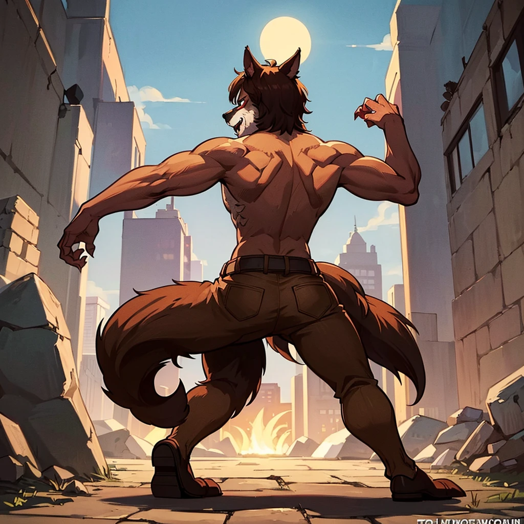 jason mamoa, wearing tattered denim jeans, has long white hair, has wolf ears, has a wolf tail, covered in sweat, has some wolf tattoos, walking down alleyway, cute looking, perfect, handsome, masterpiece, shirtless, has short grizzled beard
