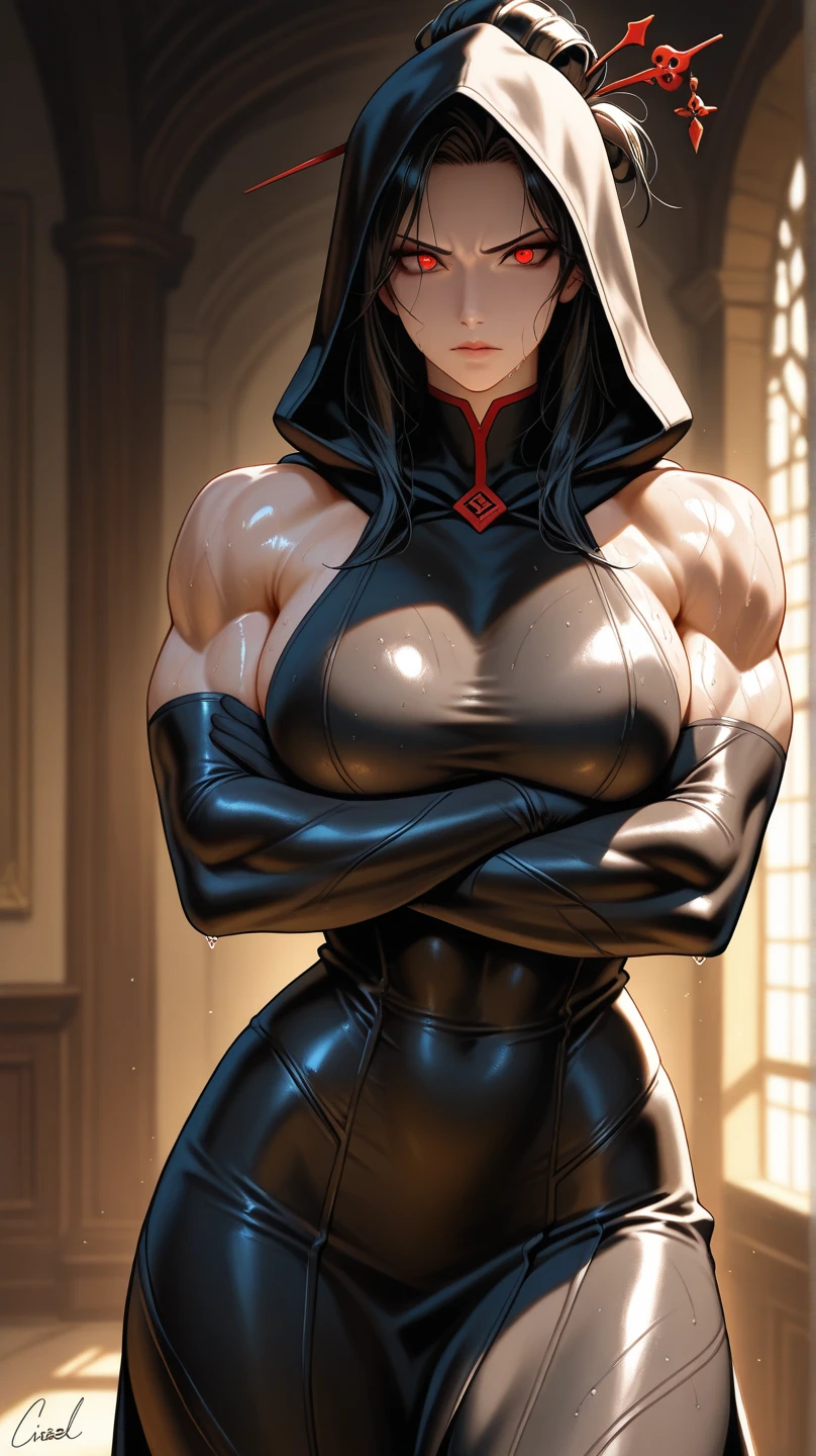 Tanned skin, possessed nun, demonic eyes, beautiful girl, cursed, blood markings, watching viewer,