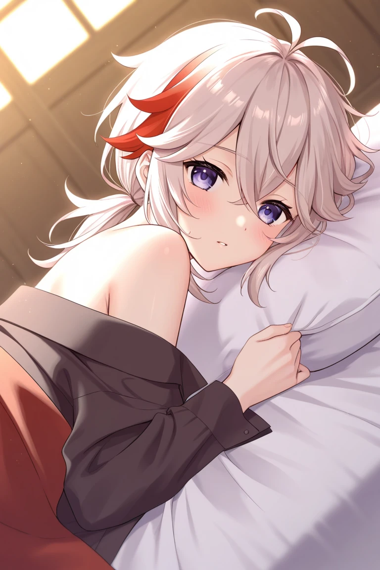 1 girl (cat eared, without human ears), beautiful eyes finely detailed, (two tone hair color (red and white), short hair), tipsy smile, drunk, blush on her face, wearing red dress, laying her back on sofa, middle ages style bedroom, full body, anime best girl, masterpiece sidelighting, night time, masterpiece, top-quality, detailed, High resolution illustration