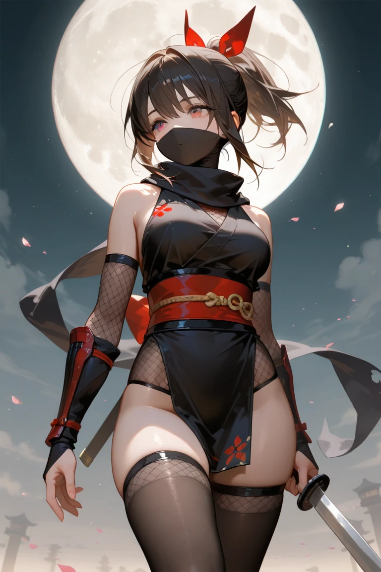 Young Woman, Ninja, Transparent Body(black), Kabuki Mask, Dagger, Jumping, Rooftops, Nahct, Moon and Stars, Sexy, Underboob, Transparent Pussy,