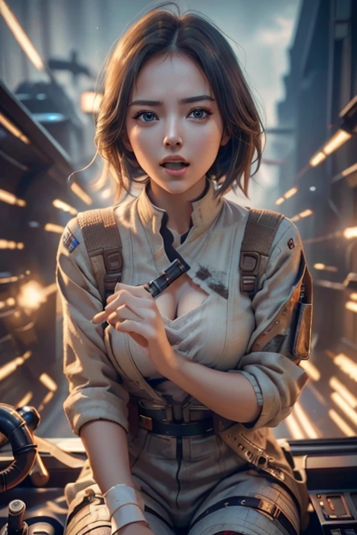 (Realistic), (highly detailed), uhd, Princess Leia without panties under short skirt, breast sheer top, (Her hair is twisted into two large, circular buns positioned over her ears.), detailed body, expressive eyes, silver belt, Starwars world