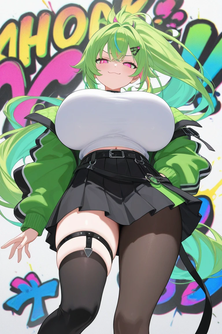 (Masterpiece), high resolution, (extremely detailed), photo realistic, 1 girl, (((bright long green hair, alluring green eyes, big eyes, cute eyes, cute face, small face, sharp face, (cute, cute, cute, cute, cute, cute, cute, cute, cute, extremely cute extremely cute, extremely cute), beautiful eyes, very young, big legs, thick legs, insanely small waist:1.3, huge boobs, bulging boobs, blushing))), ((smooth skin, soft skin, bouncy skin, bursting breasts:1.6))