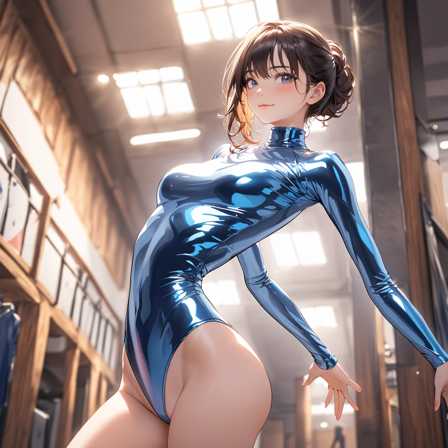 A woman in a blue latex top stretches her arms out, stop temporarily(Please raise your hand + blush), Anatomically correct,(((Big Breasts))),Protruding nipples,((Sweaty skin))Toned arms, Thin upper arms, with Please raise your hand, Underarm, Smooth body features, spread both arms wide, (((Sweating excessively))), Arms stretched out, graceful arms, graceful, Arms stretched out, Arms stretched out, a Young Asian Woman, Young Asian Woman,Browsing Caution