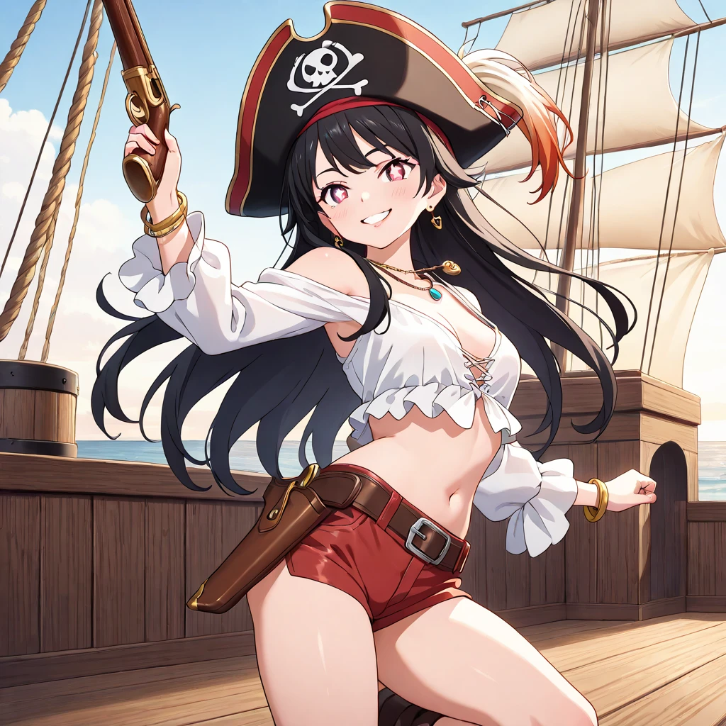 a sexy japanese woman wear pirate hat, pirate outfit, on a pirate ship, fog, soft light, (best quality), (masterpiece), slim, long legs, (flat chested), anime
