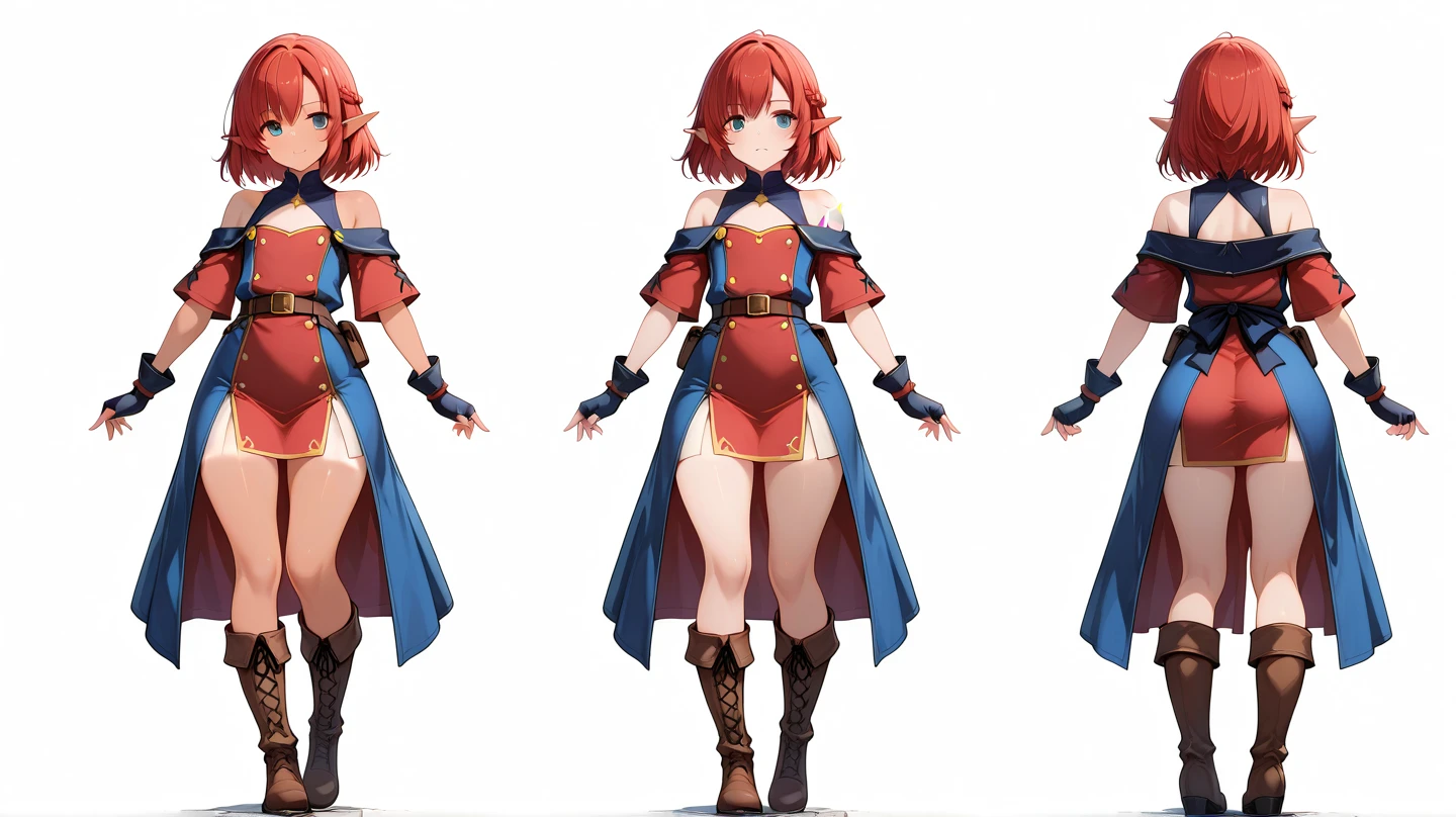 a female RPG warrior character with beautifully ornate metal shoulder pads and breastplate, leather bodice and panties and exposed thighs and a longsword anime style art full body front and back