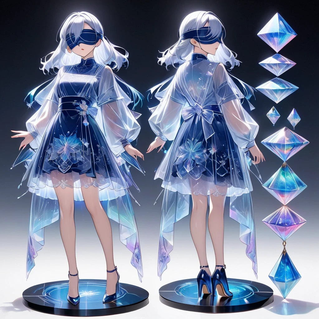 1 girl wearing colorful transparent pvc loose coat and shoe(((thin film interference))), whole body, perfect waist-hip ratio, prism, beautiful eyes, brilliance, jewelry, portrait, game original painting, anime character concept design, beautiful face, black background