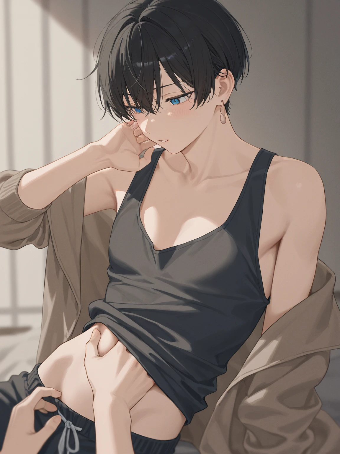 male,4K Photos,R-18,NFSW,メイド服を着たmale,gay,　Clothes details/black dog collar,headdress,She takes off her maid uniform and her nipples are exposed.,An erect penis is visible through the super short miniskirt/facial details/gray hair,blush,Looking down diagonally,embarrassing,portrait，full body portrait,thin chest,maleの子,male性の体格,delicate,maleの子(boy or man),sit on the floor,bikini,headdress maid(male) 