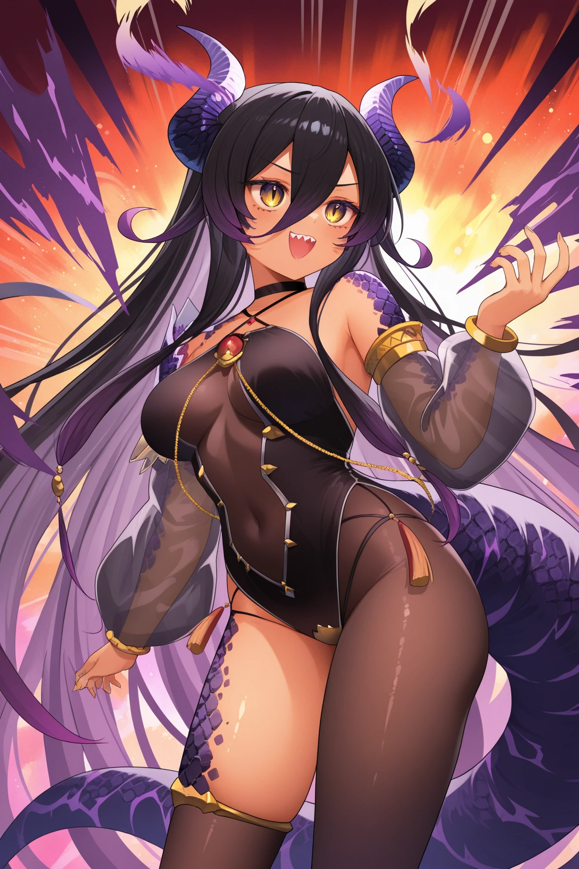 Highest quality, masterpiece, Ultra-high resolution, female、Big Breasts、Fox Beastman、tail、Darkness Fell、Darkness attribute、Sick Heart、Black purple hair、Sick face、Negative aura、Ready your spear、Food、Strange line tattoos all over the body、scars