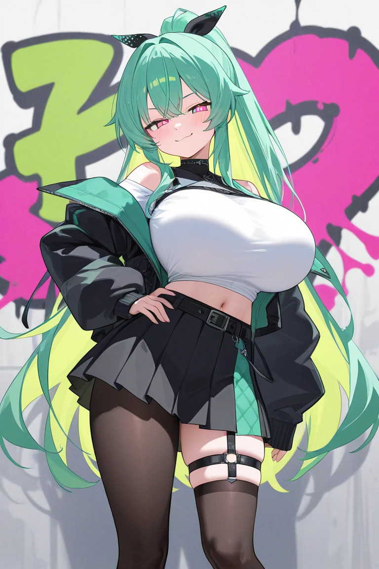 1 skinny girl, solo, light blue hair, side face, BREAK, red headband, BREAK, (dark purple eye:1.4), bending back, looking at viewer, BREAK, black plunging neckline short dress, dark yellow cropped jacket, black thighhighs, BREAK, (bouncing unaligned huge breasts:1.5), very short torso, (inconceivably narrow waist), thin long legs, BREAK, (show off crotch:1.4), BREAK, strong wind, (slipping hip)