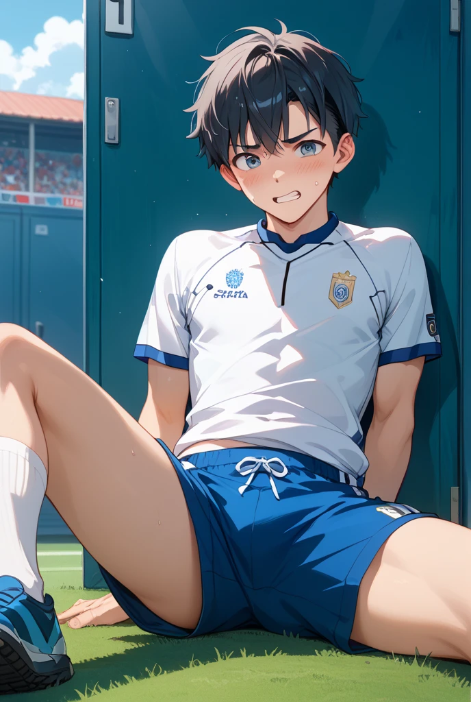 Kid boy, 12 years old boy, shirtless, open widely leg, sit pose, front , football pant, crotch bulge