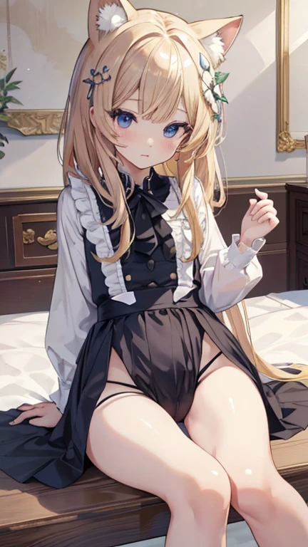 anime - style image of a woman sitting on the bed with her legs crossed, Cute girl anime visual, blonde 長い髪のanime girl, かわいいanime girl, anime best girl,  in a dress, かわいいanime girl, 長い髪のanime girl, 若いanime girl, Small curves , anime girl, sitting on the bed, 美しいanime girl, sheer black tights



