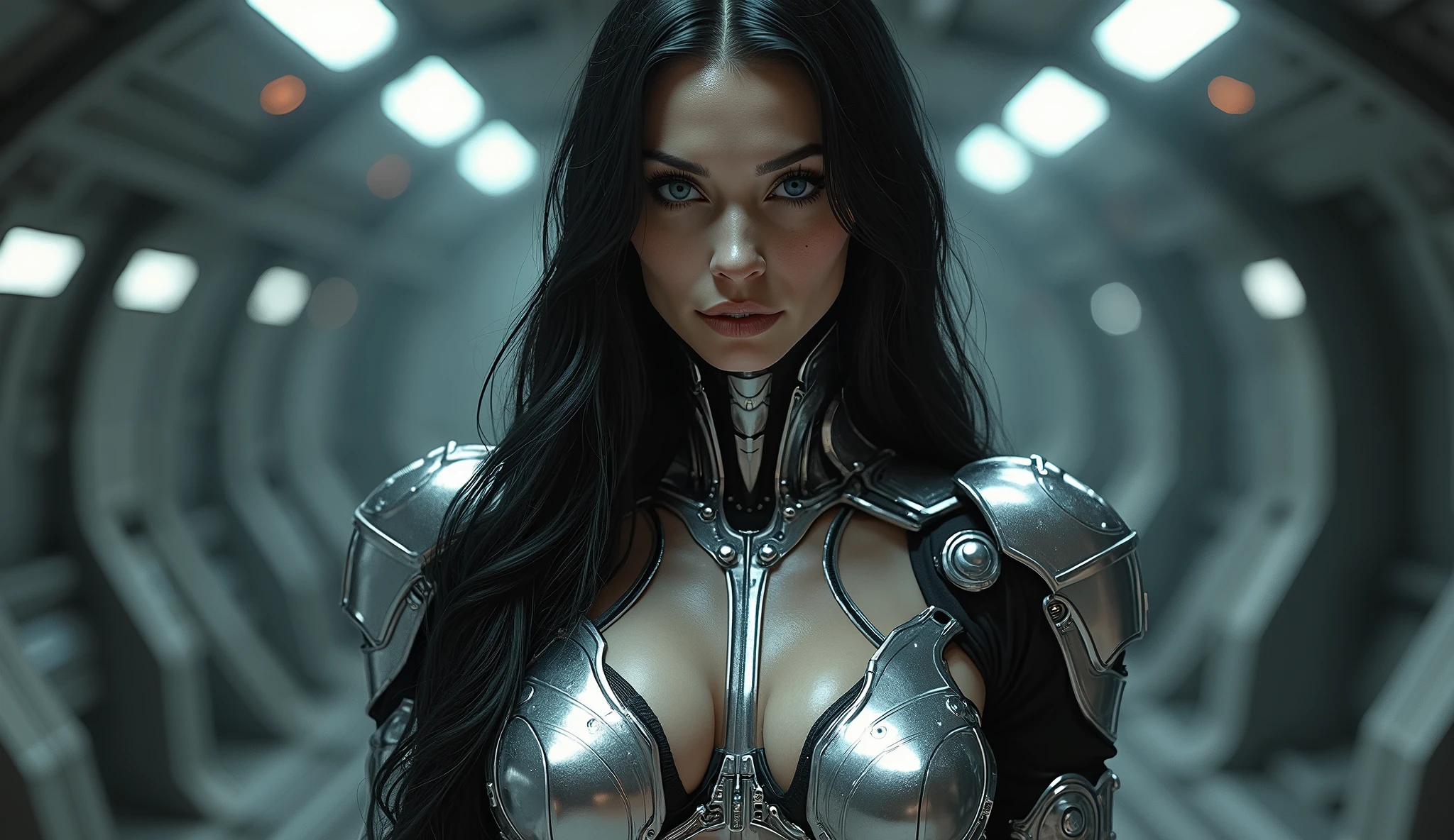 ((best quality: 1.5)) ((masterpiece: 0.8)), intricate details, sharp focus, professional, photorealistic, real life, realistic representation of the face, ((((solo, 1girl) athletic assassin, (suntan, intense expression, metallic lipstick, (mechanical arm, cyborg, ([flat chest:medium breasts:0.8]), cleavage))))) bright glow, dynamic pose, ugly face, in the style of realistic and hyper detailed renderings, dark room, dark background, black background, solo, BREAK; BREAK (((long black straight hair, ((blackout gothic eyeshadow, iceblue eyes))))), (freckles: 0.9), ((((body tattoo: 0.7))), abdominal muscles), ((fujicolor)), BREAK; BREAK helmet, ((((futuristic steampunk (matte black armor:1.6, ((cleric, holy symbol, chrome rivets, lethal, flexing, glow)))), photorealistic, hyper-realistic)))