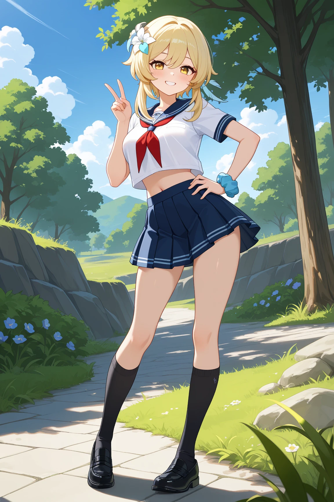 tmasterpiece、Need、1 female student、White cloth bun bun bun、Shoulder leakage、The chest is large、chubbiness、ssmile、upper legs,pale pink lip、posing at school,legs are open, 独奏,looking at viewert, (upper legs粗:1.0),Yazawa Nico,red eyes, face flushed,Blunt hair,both hands on hip,greet,Flower headdress,Intricate details、Realistic texture、The unevenness of the human body、Every detail is real、quality、Surreal work、Women are meticulous and realistic、In the foreground of graphic art、Women dancing traditional dances on Kauai。She wears flower ornaments and straw robe.、He is holding a bouquet of flowers in his hand。Her expression is bright and happy.、The dance movements are also graceful and graceful。Her dance seems to celebrate Kauai’s nature and culture。 Graphic art background、Visible to Mount Waiareale。The area near the summit is covered by thick clouds.、It has an air of mystery。Lush vegetation and waterfalls can be seen on the mountainside。pure、There is a rainbow in the sky.、kauai island name「Garden Island」it expresses the rich essence。