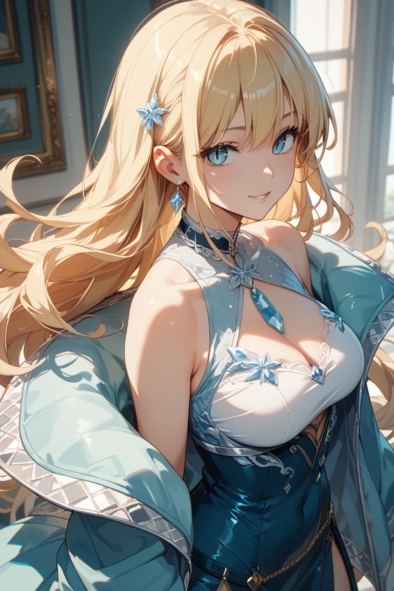 最high quality、Best image quality、masterpiece、With a girl((cute、16 years old、Best Bust、Medium Bust、Beautiful Blue Eyes、Spread your chest wide,Blonde、Slender、The best valley、Blue Tank Top、Blue trousers,Show the whole body、Blue Mesh,swim,smile)）high quality、Beautiful art、background((summertime、large room、cooler、Fan、See-through curtains、White bed、A large number of books)),Tabletop、Exquisite design、Visual Arts、Depth of written boundary、Best lighting、Highest detail、8ｋ