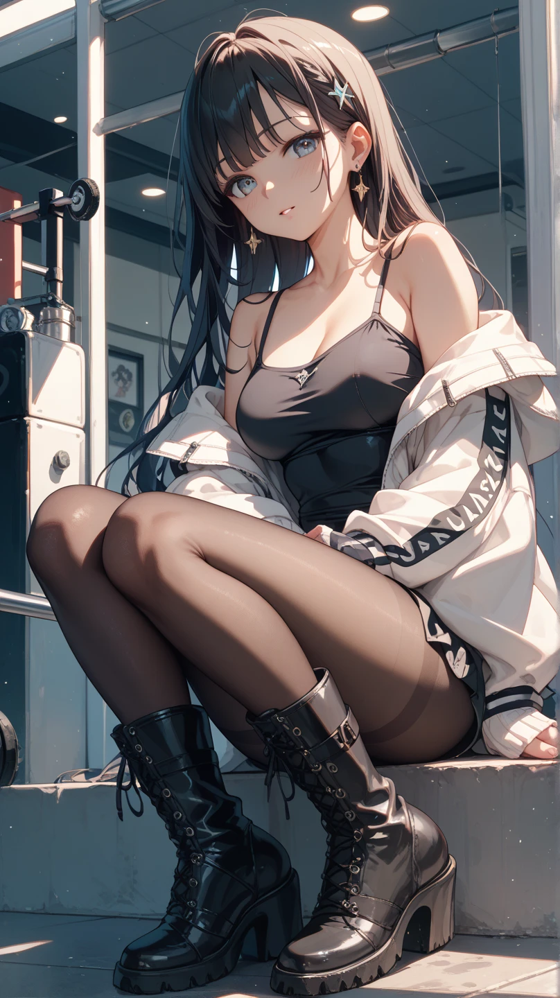 Girl in white bra and tight denim skirt posing for photo, full body, tight gag legs together, tightly restrained, tied by rope, wearing tight top with cut T-shirt, wearing pantyhose, slim body, big bust, slim girl model, 24-year-old female model, lying on the construction site, a group of men watching