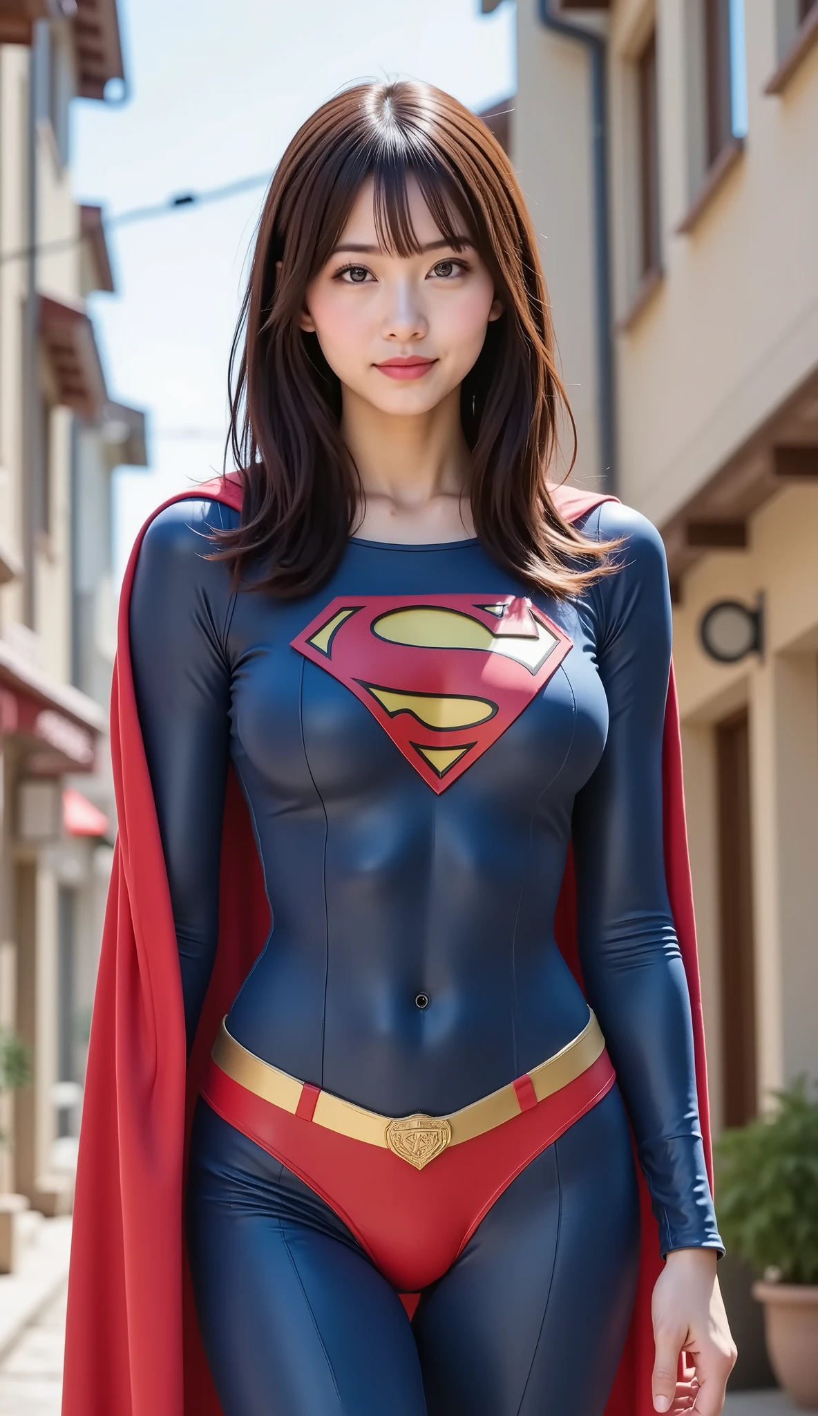 DREAMY BLUE EYES. (Photo-realistic, crystal clear professional photography) — A tall, incredibly sexy japanese babe, THIN AND ATHLETIC, big bulging breast, in her mid-20s stands heroically in a classic cotton spandex fabric dark royal blue Superman suit reminiscent of the iconic 1980 era. She has a warm, genuine smile, a powerful yet friendly stance, and is radiating charisma and strength. Her suit is authentic and well-fitting: bright blue with the red “S” emblem on her chest, red briefs, leggings, flowing cape, and classic red boots. Her dark hair is neatly styled, and she wears thick, black-rimmed glasses that add a charming nerdy touch. The setting is a sunny, open space. MIXED WITH CRYSTAL CLEAR 8K SEMI REALISTIC SHADING.