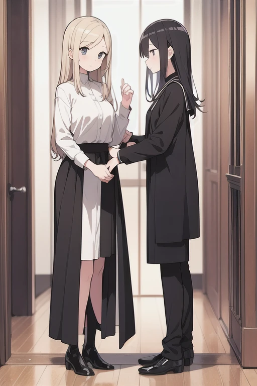 <lyco:head_under_shirt:0.9> head_under_shirt, long hair, smile, open mouth, multiple girls, skirt, simple background, black hair, white background, 2girls, school uniform, standing, full body, closed eyes, pantyhose, shoes, socks, hug, hoodie, blazer, long skirt, Paper Bag on Head