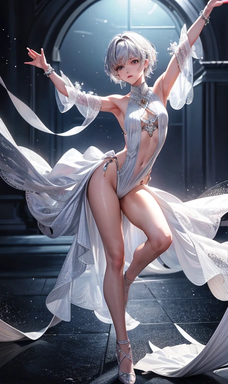 Masterpiece, a beautiful urban female model, full body white transparent clothes standing under empty night stars, disappearing transparent pants, full body standing, hourglass figure, slender legs, facial details, detailed body part details, 8k wallpaper, gigantic breasts, flowing clothes, red clothes