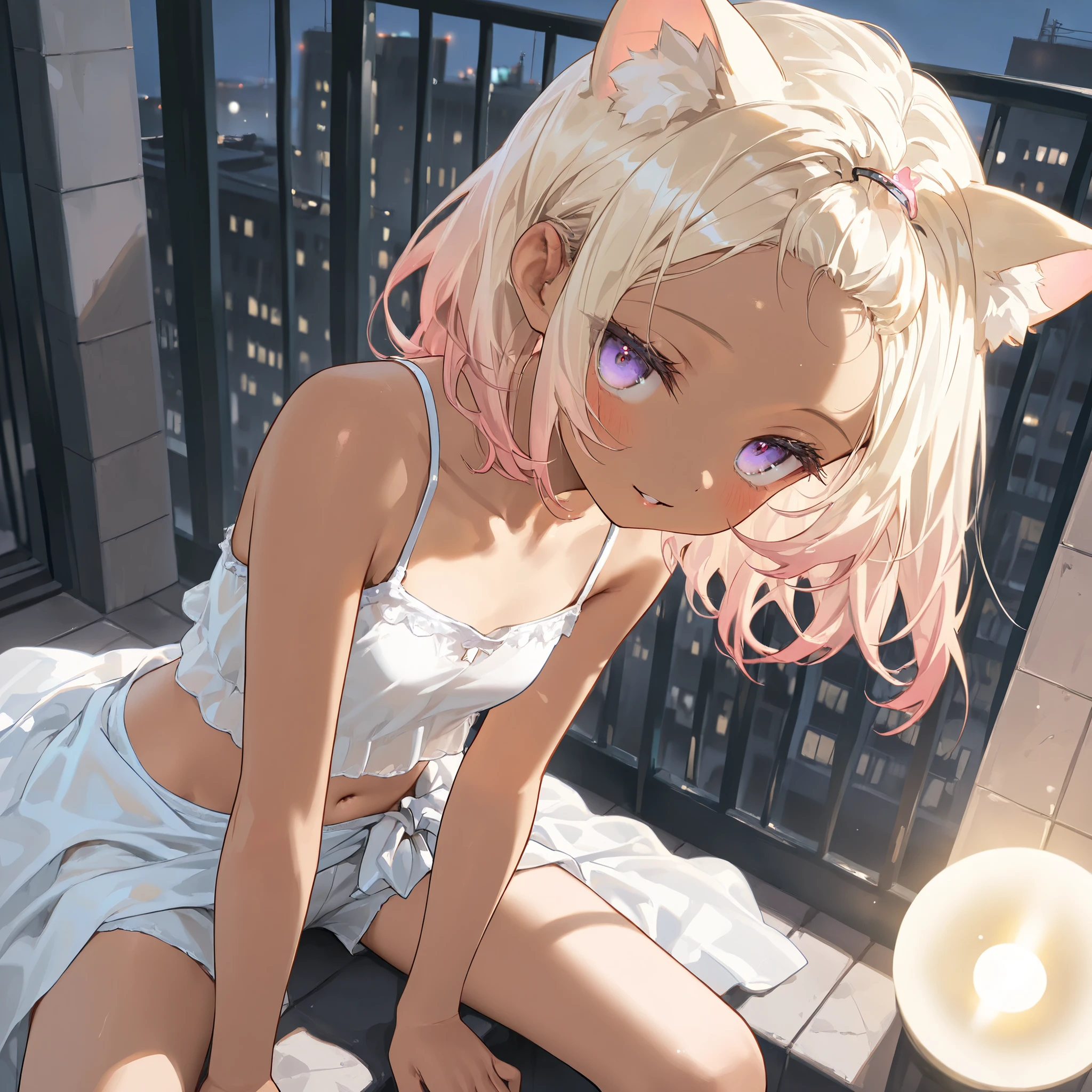 ((Masterpiece)), ((best quality, very aesthetic, absurdres, newest)), (from side), (8K), (cinematic lighting), ((1girl)), (cute young girl), (Healthy body, Textured skin, small breast, tilt head), (brown-skin)), (medium hair, blonde hair, gradient hair, Pastel colors Hair Tip), (bangs pinned back, cute forehead), Beautiful collarbone, ((loose white camisole, Silk Fabric camisole, cute navel)), (sarong tied at the waist, white short shorts), seductive smile, blush, (:d), (Cat ears), BREAK, ((jitome)), big eyes, (pale purple eyes, gradient eyes), (cute cheeks), glossy lips, pouty lips, (lower eyelashes), (foggy effect), hand on waist, ((loose sitting against the Apartment balcony, legs apart, High-rise apartment rooftop)), outdoor, outstretched legs, cheepy apartment, utility poles,